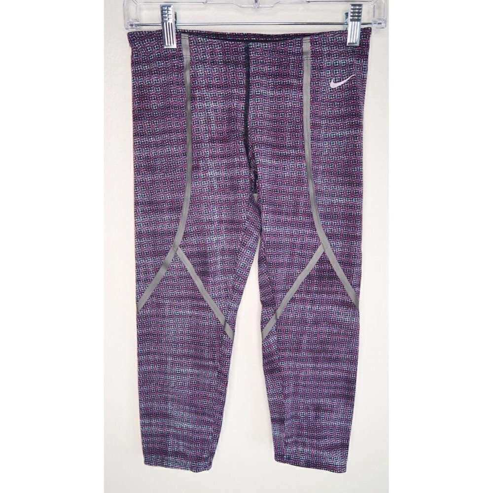 Nike Purple Patterned Reflective Crop Leggings Capri Cell Pocket Women's XS EUC
